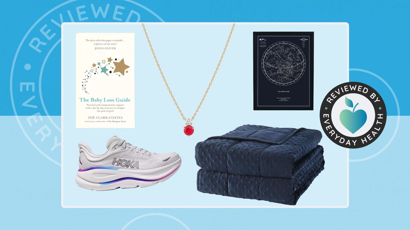 Book, sneaker, necklace, weighted blanket and star map print against blue background