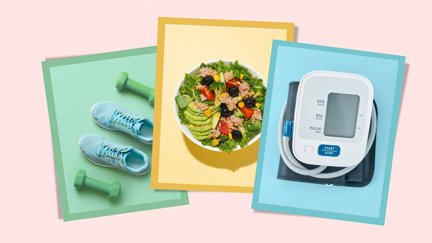 a collage of healthy tips to reduce risk of aneurysm