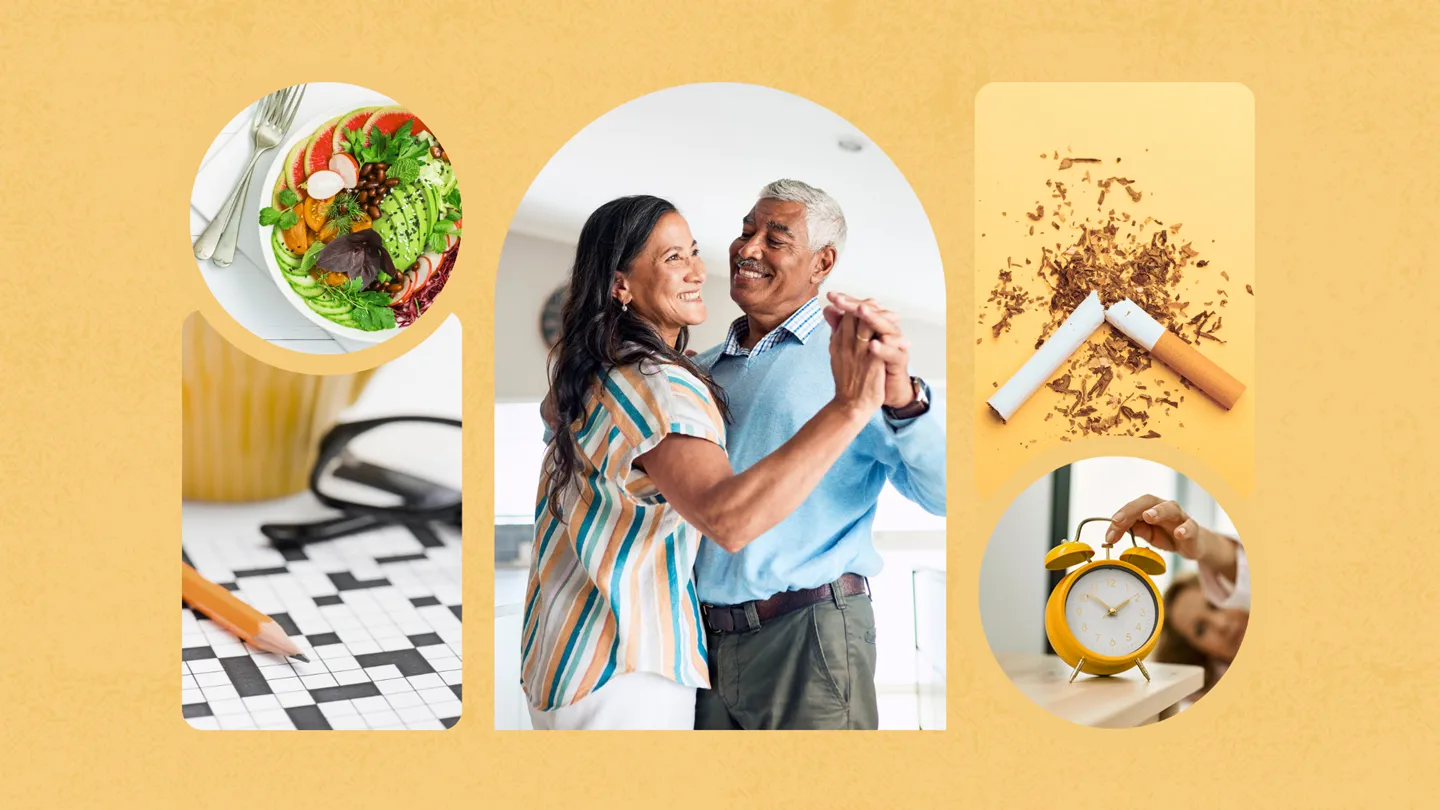 salad, crossword puzzle, senior couple dancing, broken cigarette, alarm clock by senior woman's bed