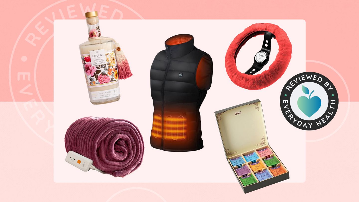 Composite image of bubble bath, heated blanket, heated vest, tea gift box and steering wheel cover