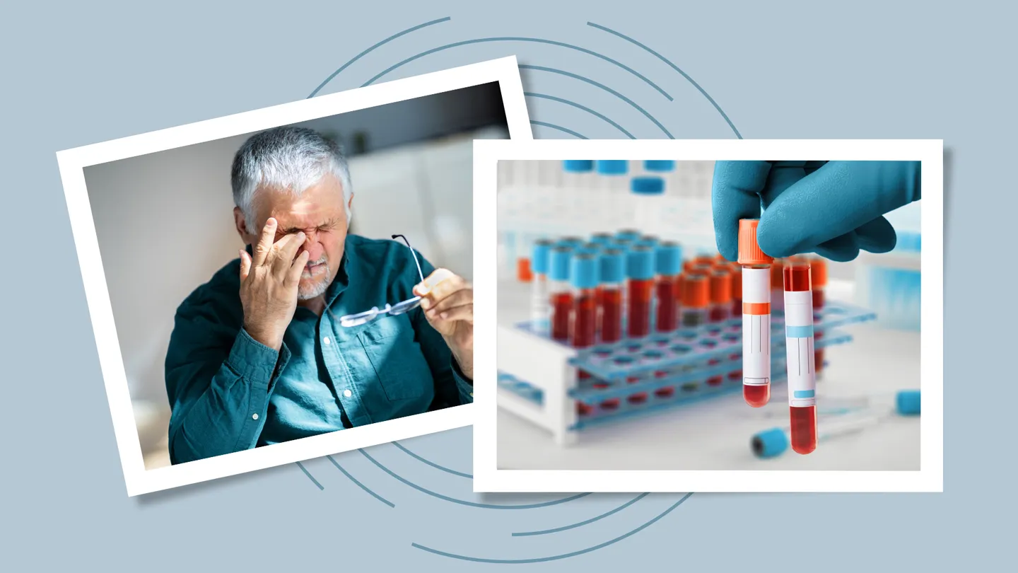 senior man rubbing his eyes and a cholesterol blood test