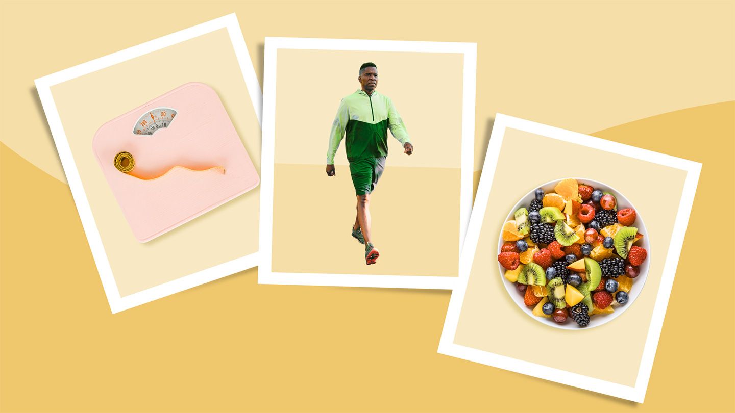 coral weight scale with measuring tape on top man in green workout gear walking bowl of fresh produce