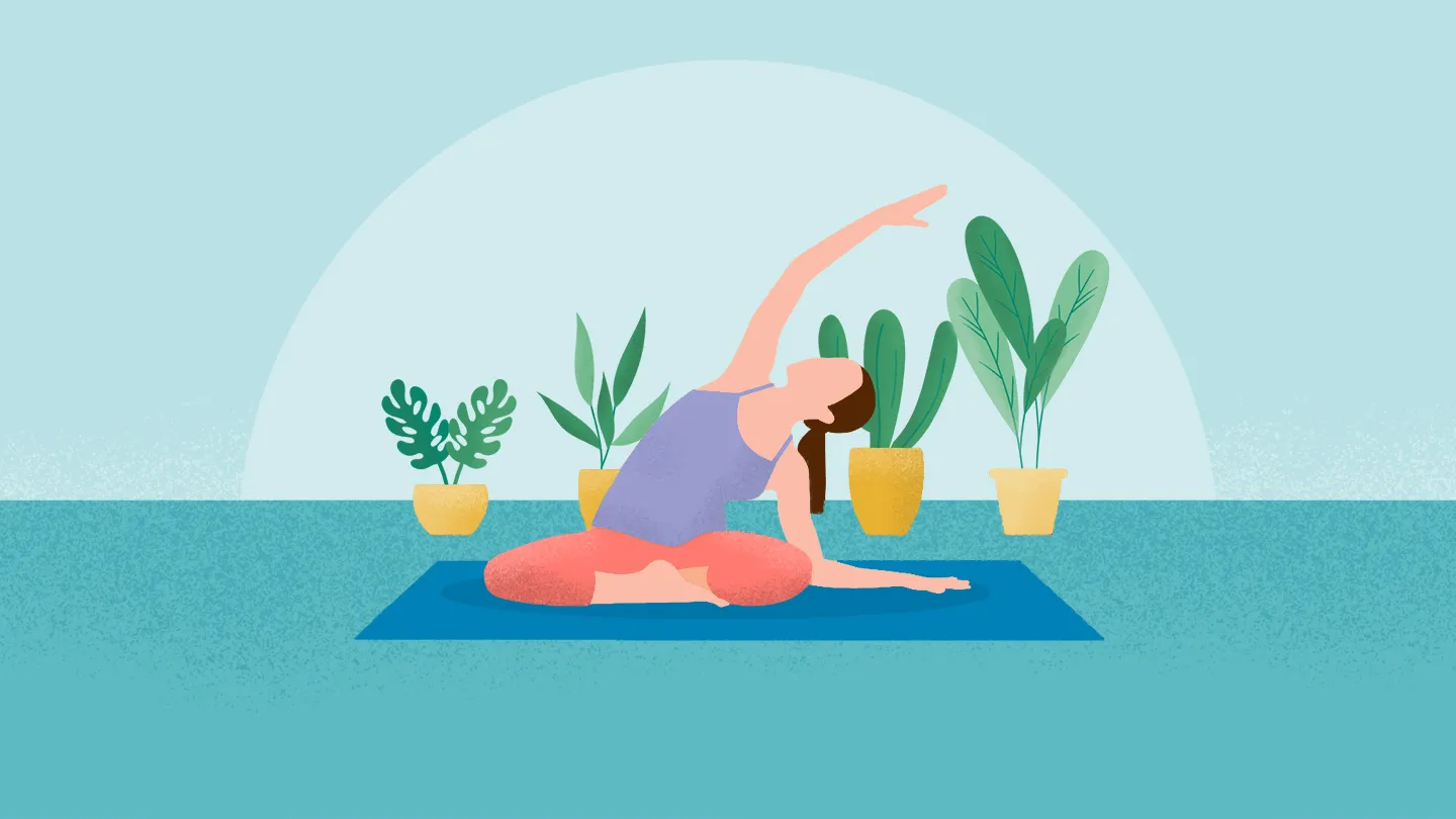illustrated woman doing over head arm stretch yoga pose on yoga mat in from of plants