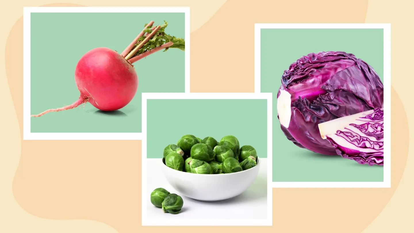 Radishes, brussel sprouts and red cabbage