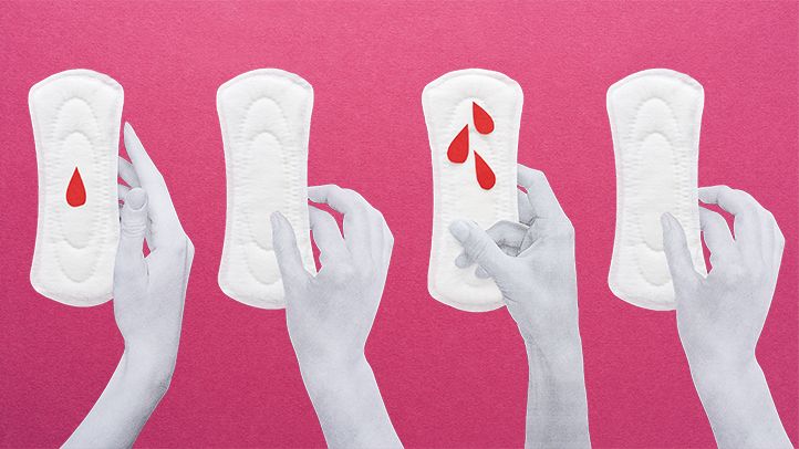 paper cutouts hands holding sanitary napkins pads blood droplets