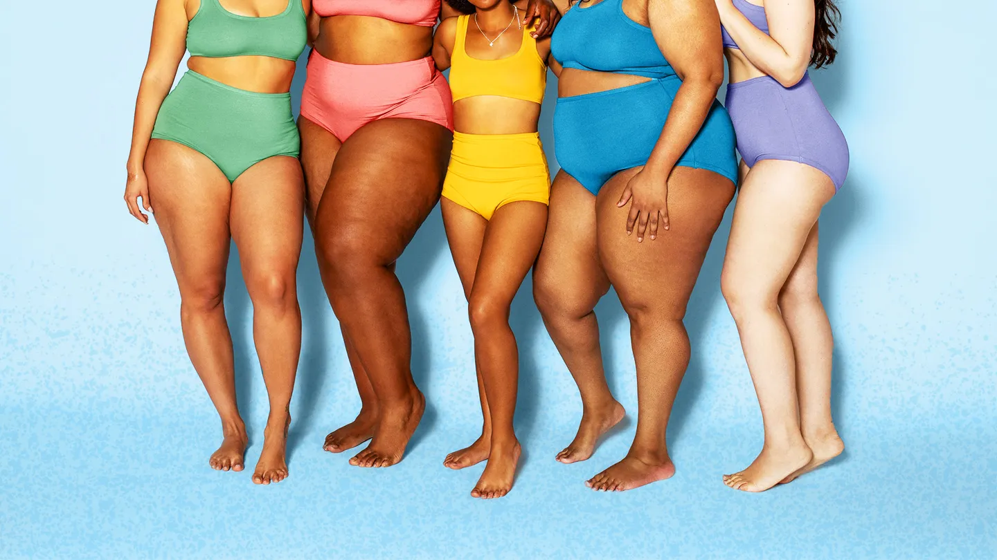 women of different body sizes shapes and bmis dressed in fun colored matching under garments