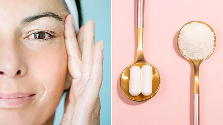 a woman with no wrinkles and a collagen supplement