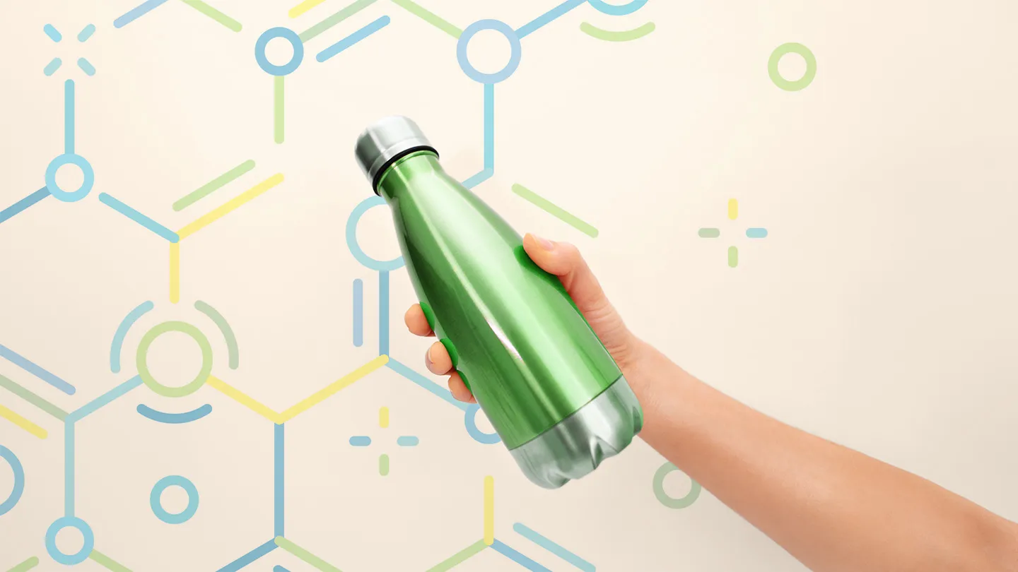 metal water bottle in front of molecular icons