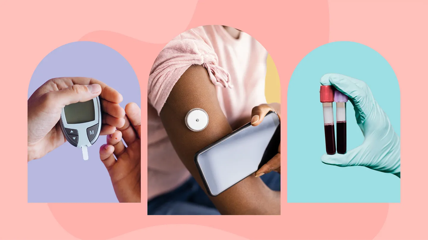 hands holding a glucose peter blood pricked finger on lavender a woman measuring blood sugar with a continuous glucose monitor CGM blue glove holding two blood tests