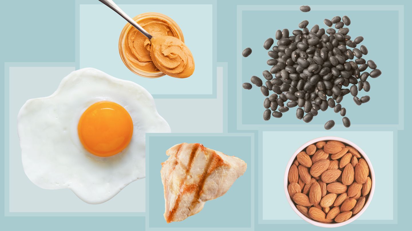 peanut butter, black beans, almonds, chicken breast, egg