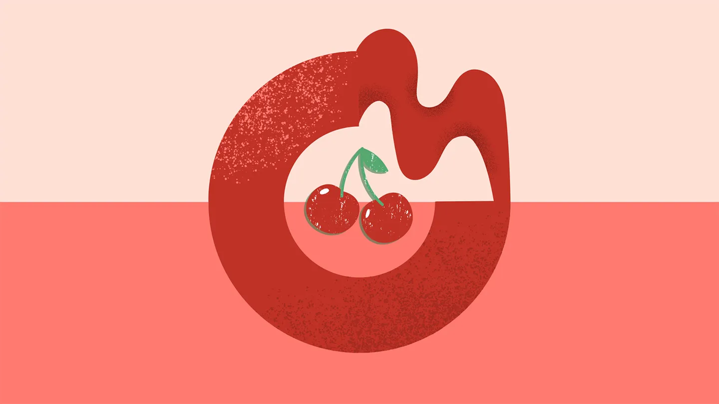cherries in partial circle graph wavy liquid line half dark coral bottom half