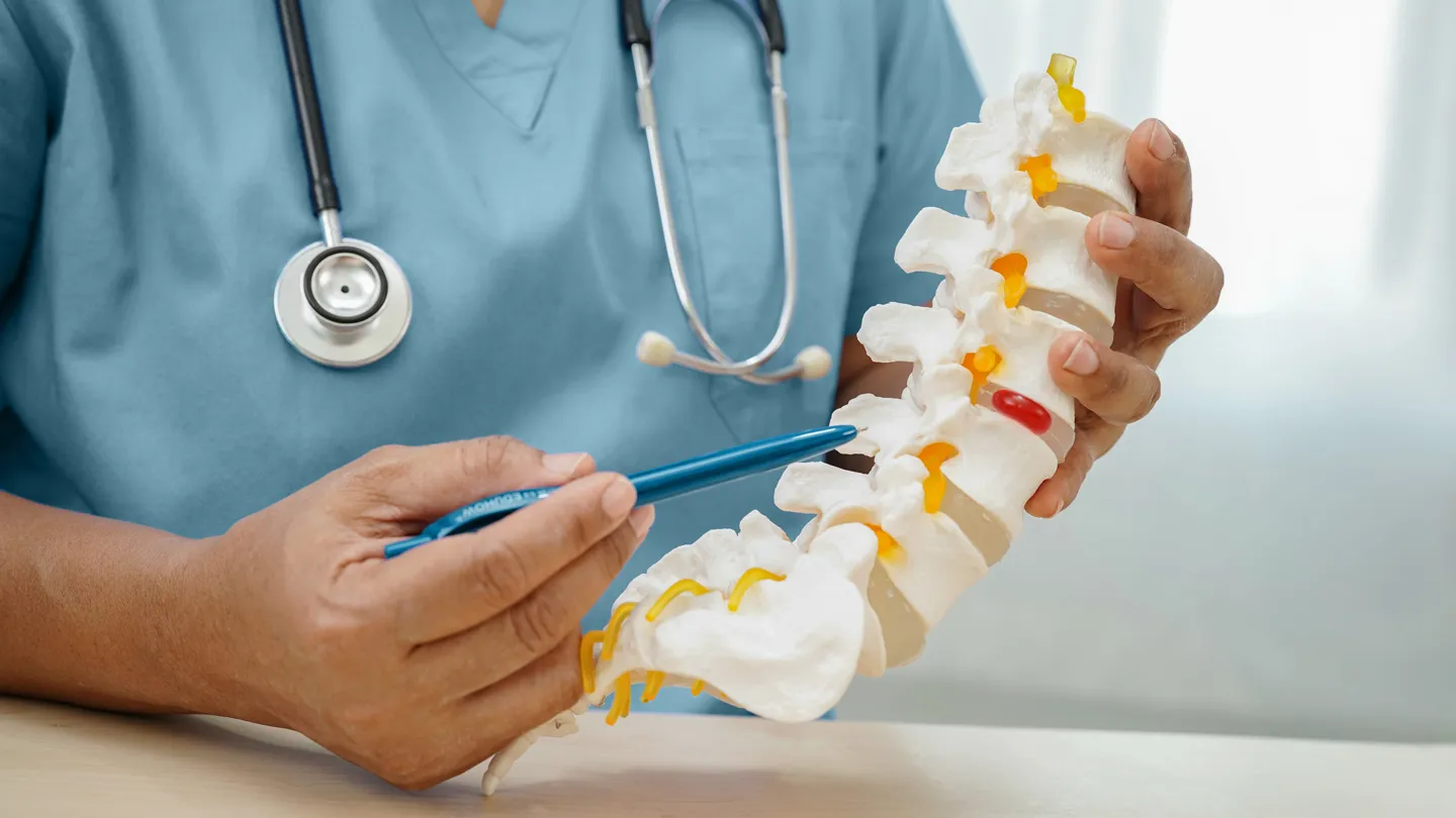 doctor explaining spinal issue with model of a spine