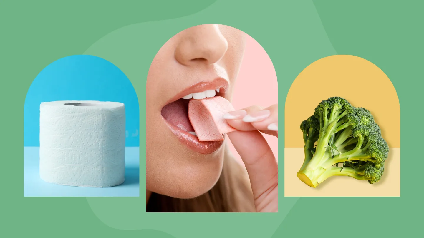 toilet paper roll on blue closeup of woman putting piece of chewing gum into her mouth on coral and large piece of broccoli on yellow