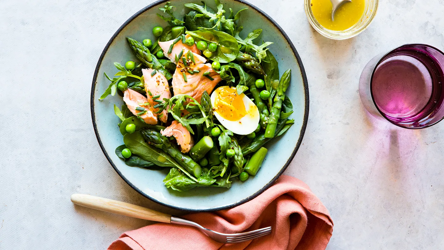 salmon egg pea asparagus  salad