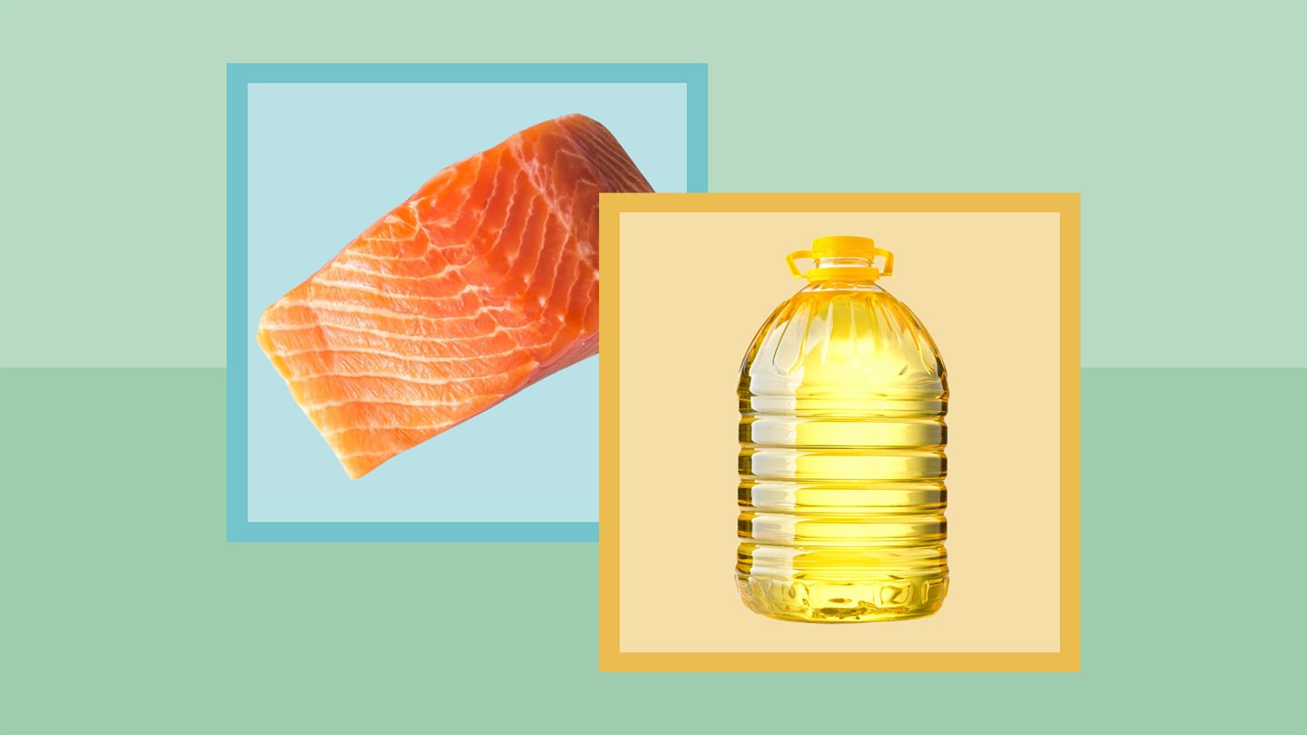salmon and vegetable oil in a collage