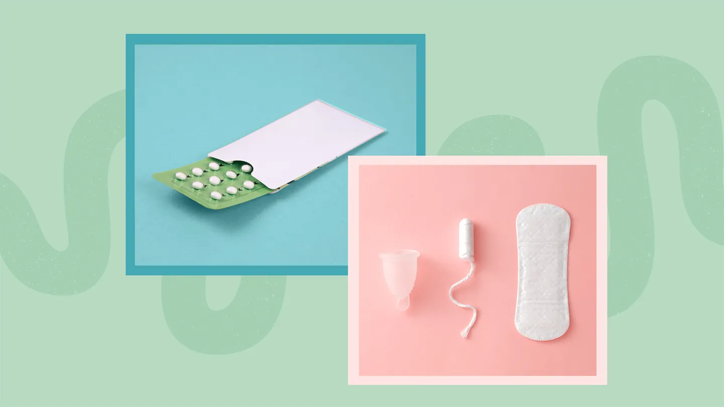 a collage of birth control pills and menstrual products
