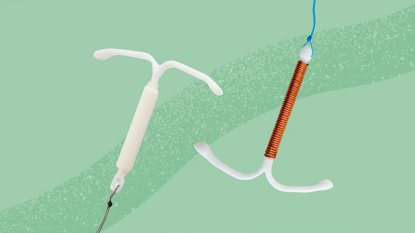 two versions of an IUD side by side on a green background