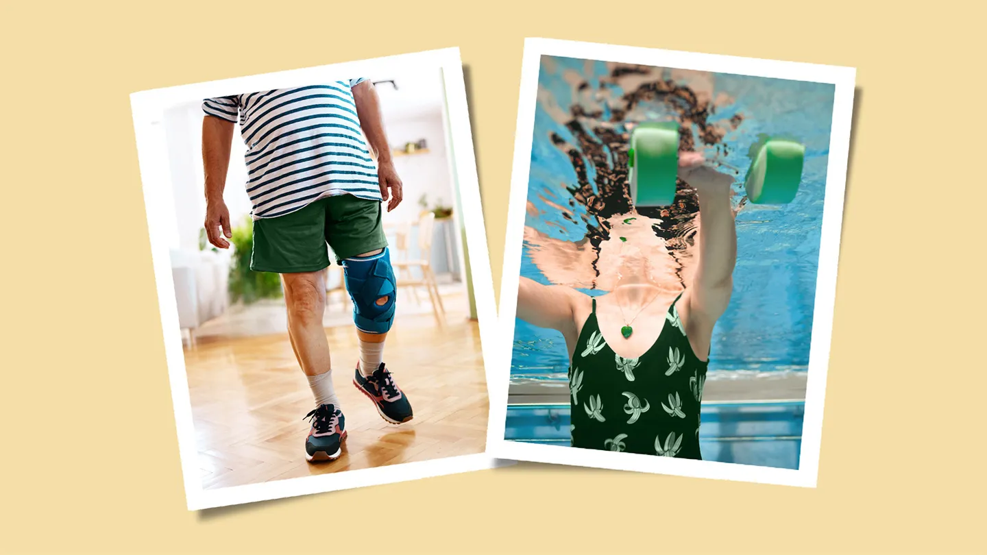 Close-up of an older man wearing a knee brace for arthritis Midsection of woman exercising with dumbbells in swimming pool