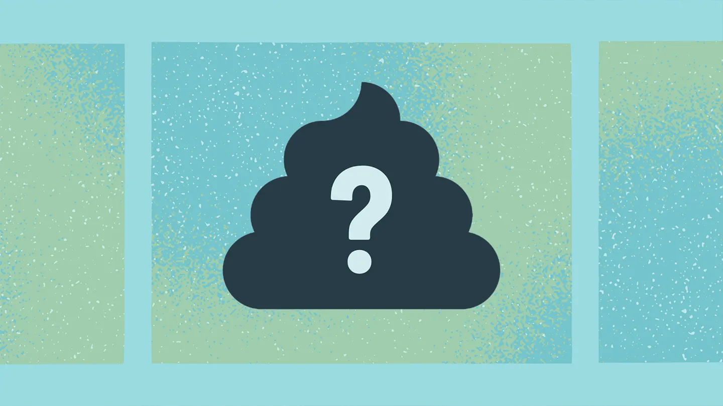 illustrated black poop on a blue and green background