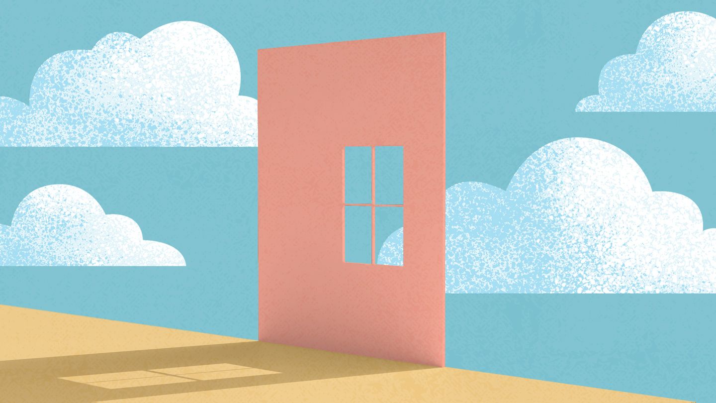 surrealist wall with window to blue ski and clouds illustration