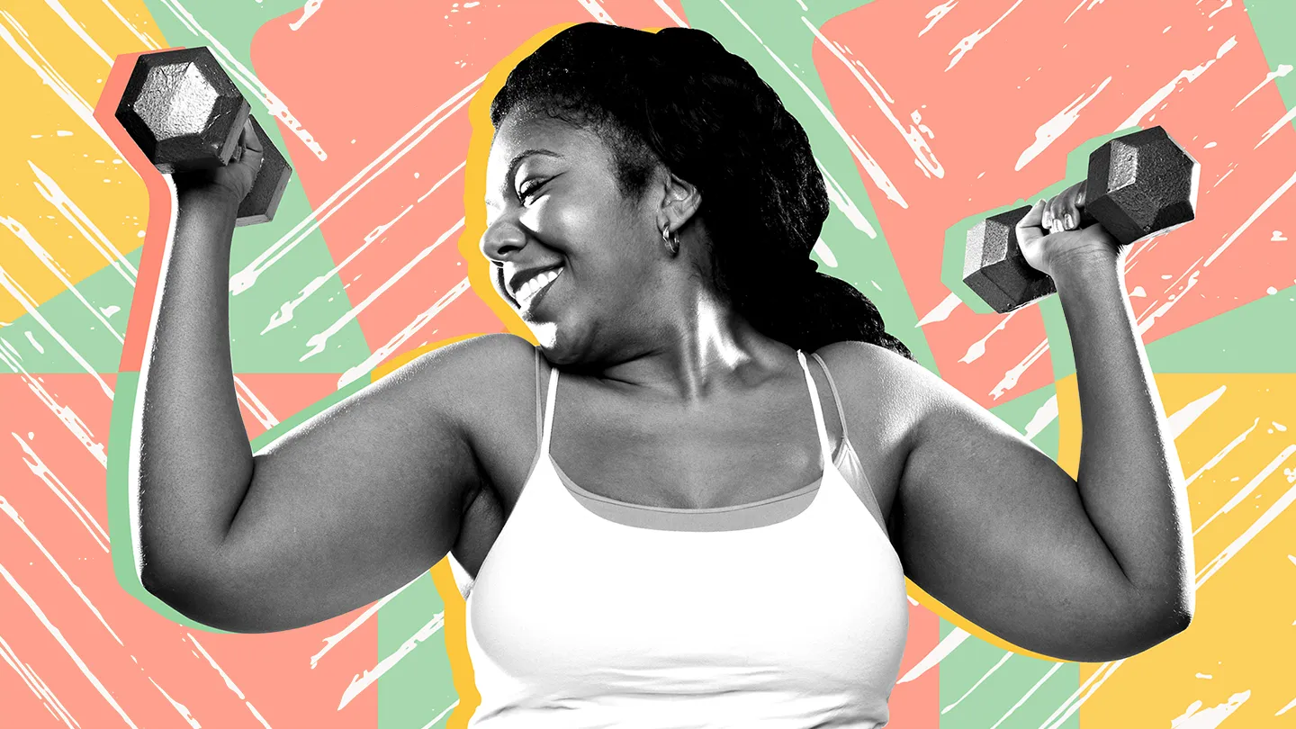 plus size woman lifting weights, photo illustration