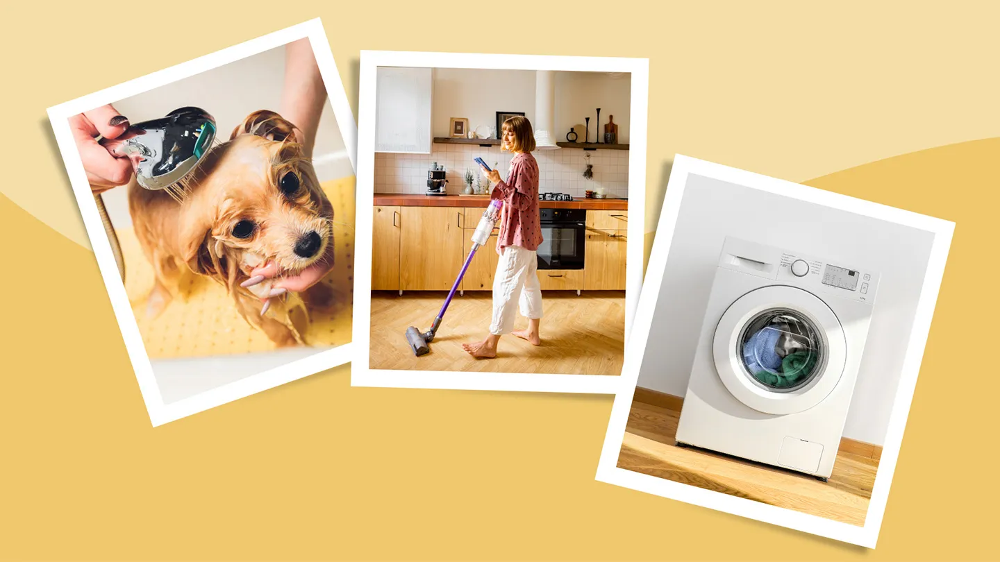 someone washing dander off small dog in tub woman vacuuming kitchen floor for dust washing machine to was sheets