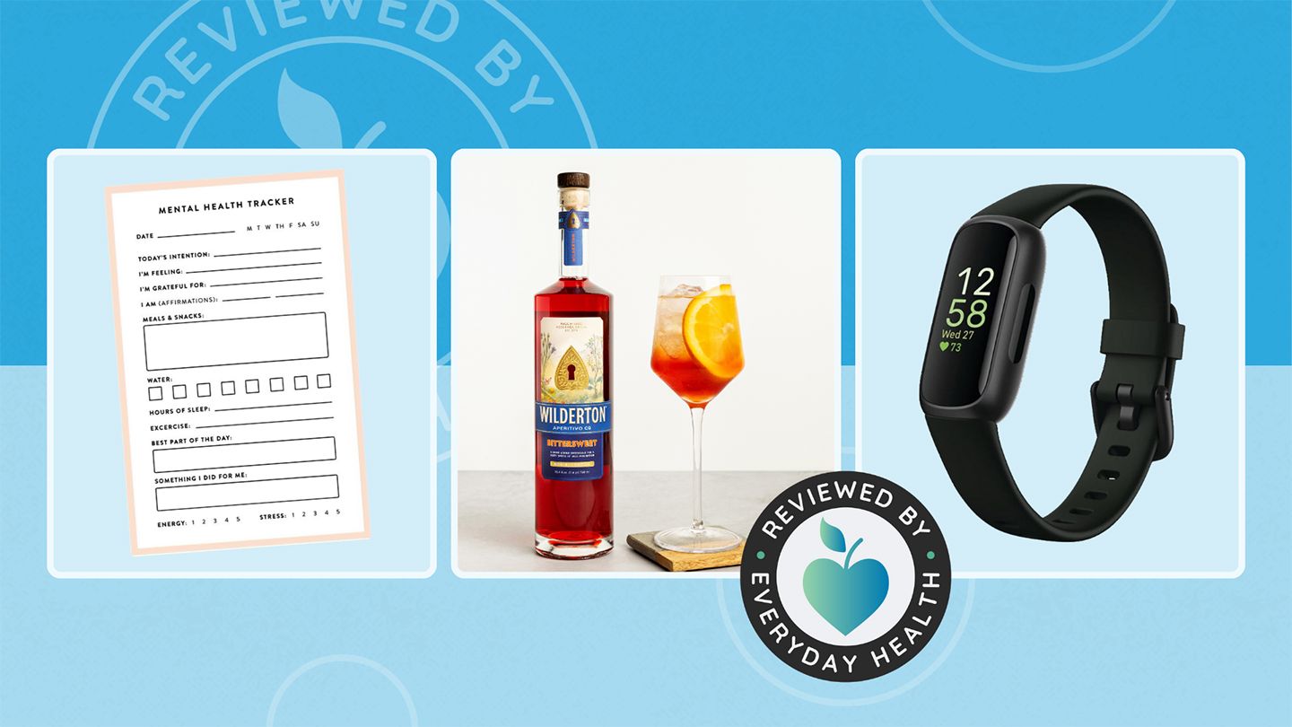 a collage of products including a mental health tracker, non-alcoholic apertivo, and a fitness tracking watch